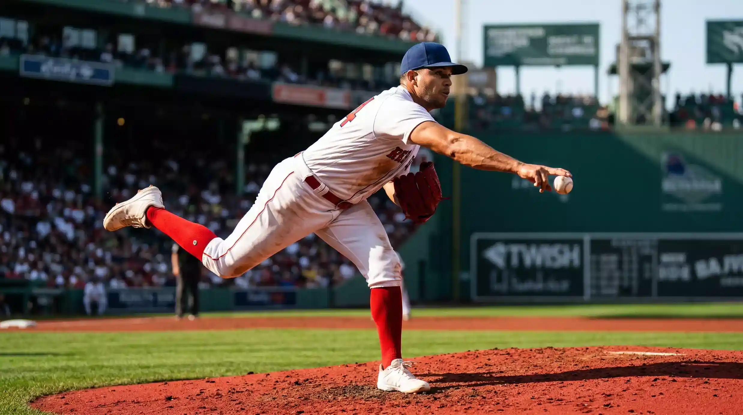 Pitcher de béisbol profesional en pleno lanzamiento sobre el montículo de un estadio de Grandes Ligas