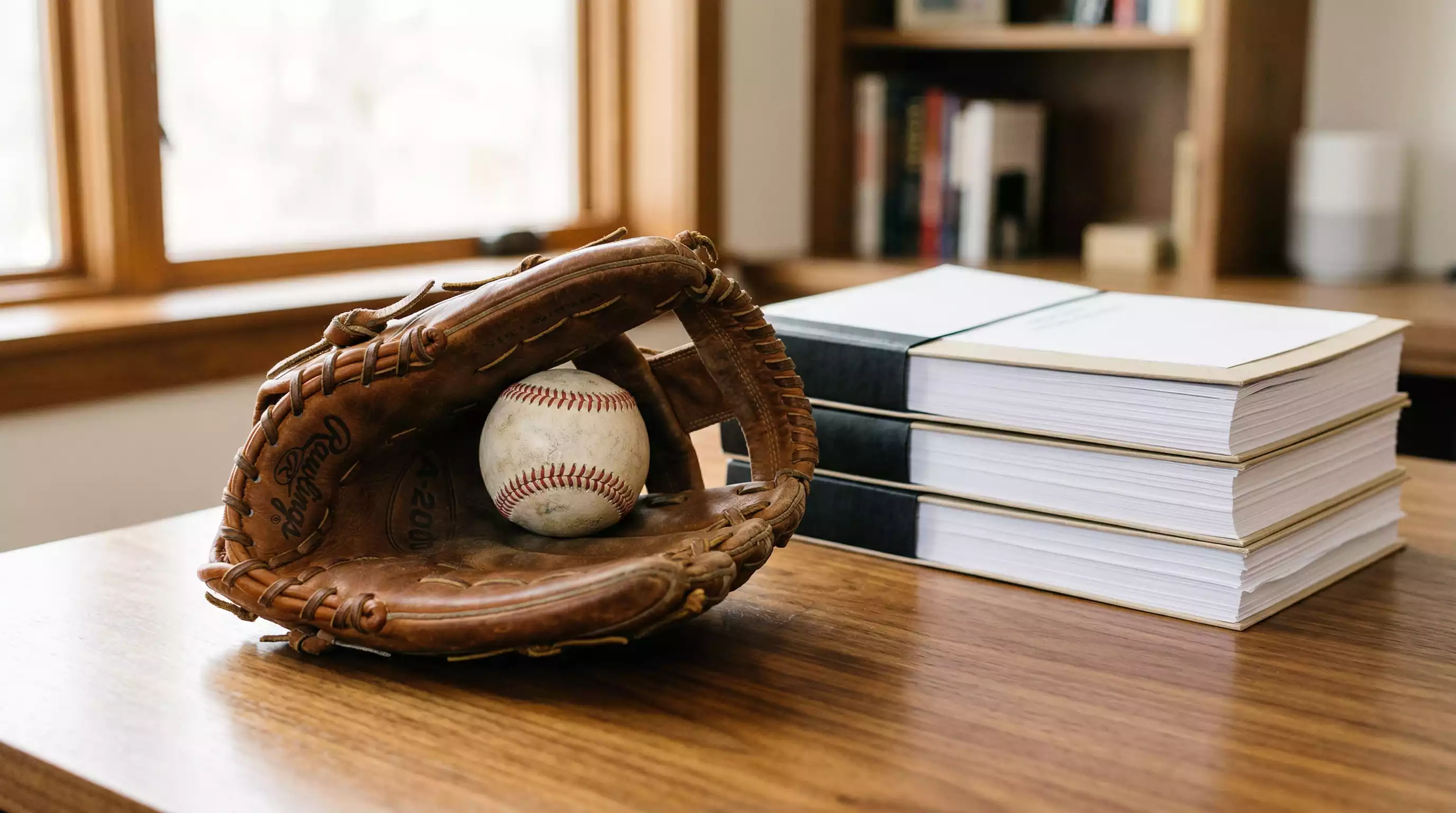 Guante de béisbol con una pelota dentro apoyado sobre un escritorio junto a documentos oficiales
