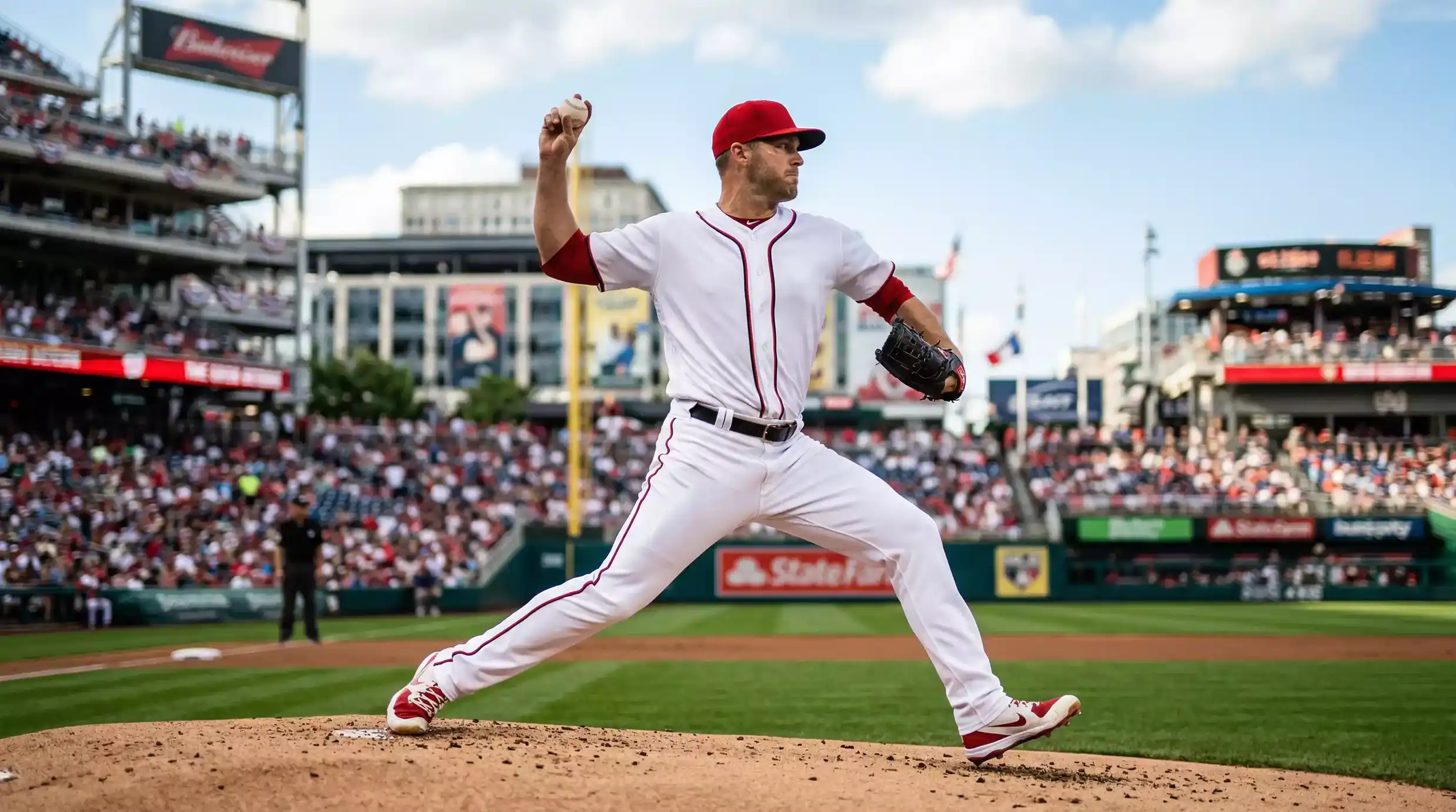 Lanzador de béisbol en el montículo de un estadio de MLB preparando el primer lanzamiento del partido