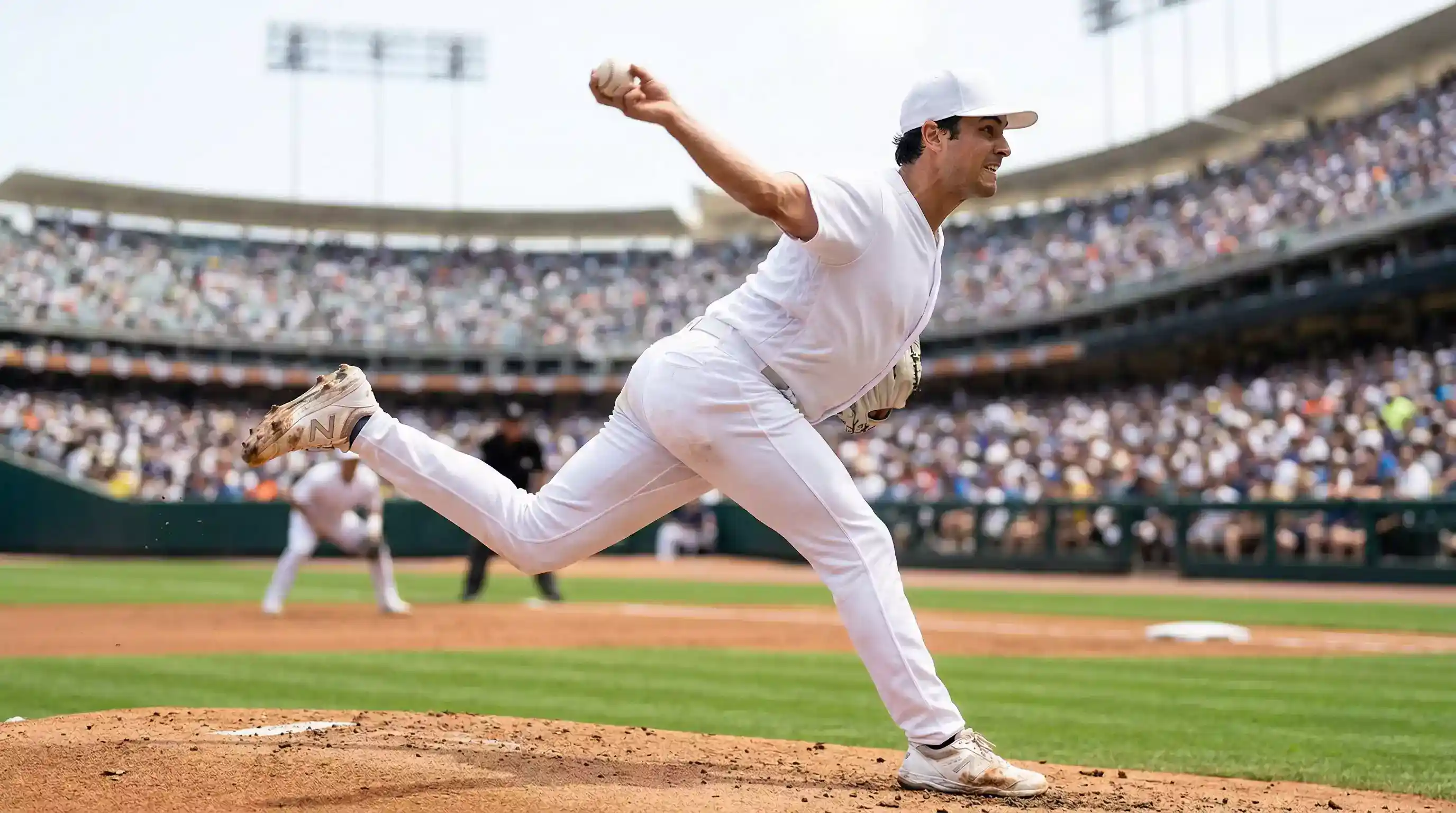 Lanzador de béisbol en pleno movimiento de pitcheo sobre el montículo de un campo profesional