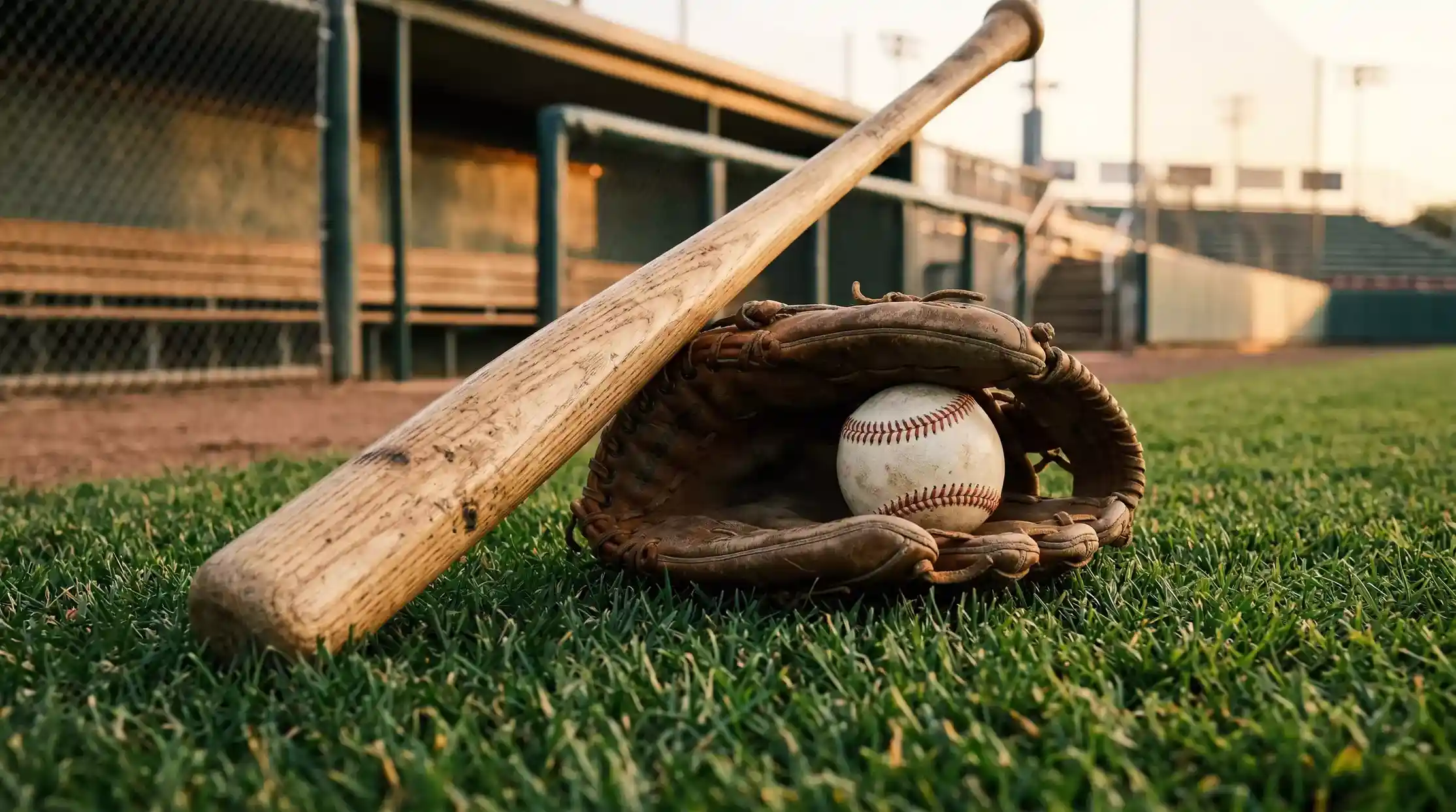 Bate de béisbol apoyado junto a un guante y una pelota sobre el césped de un campo de juego