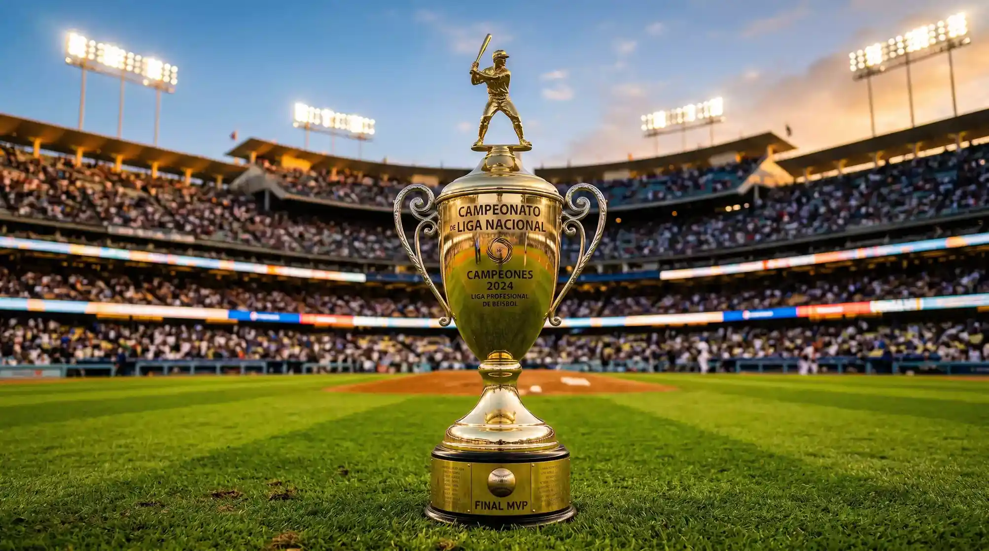 Trofeo del Comisionado de béisbol sobre el césped de un estadio profesional durante la postemporada