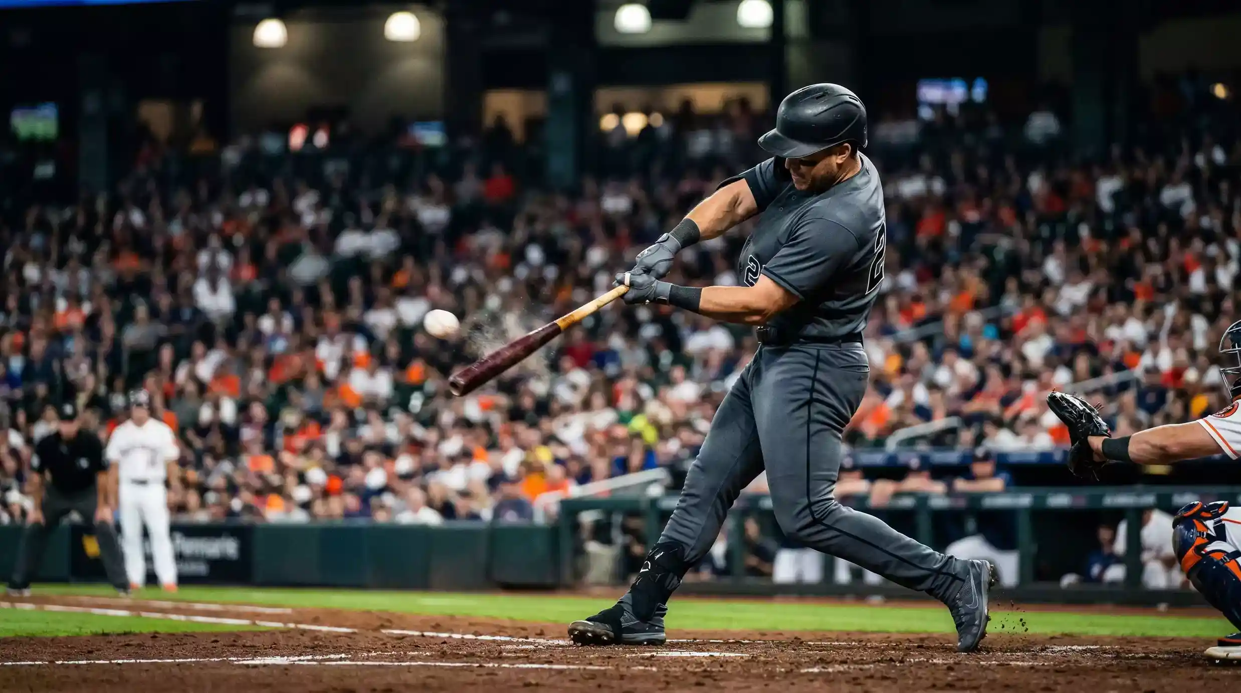Bateador de béisbol con uniforme oscuro golpeando la pelota en un partido nocturno de MLB