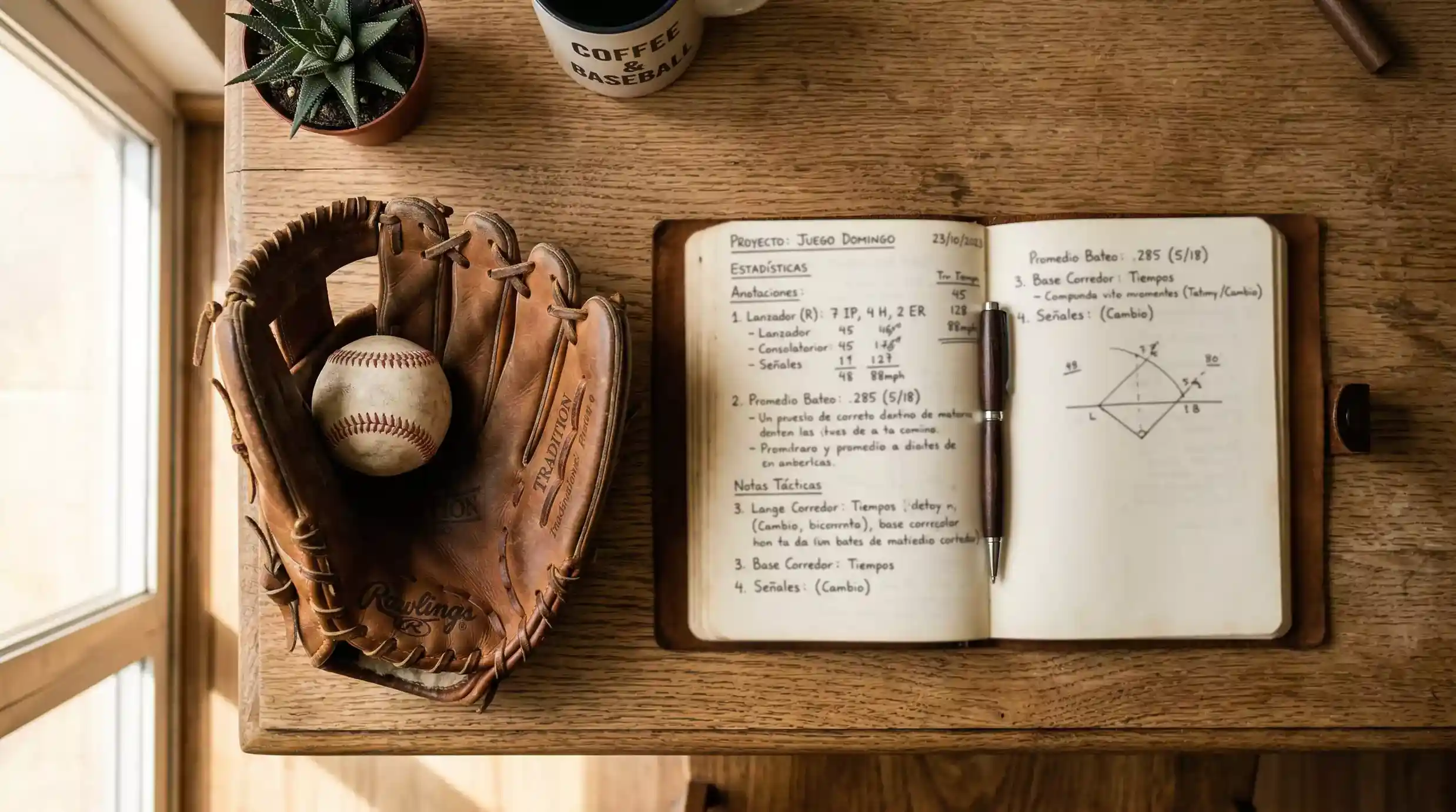 Cuaderno de notas con anotaciones junto a un guante y una pelota de béisbol sobre una mesa de madera