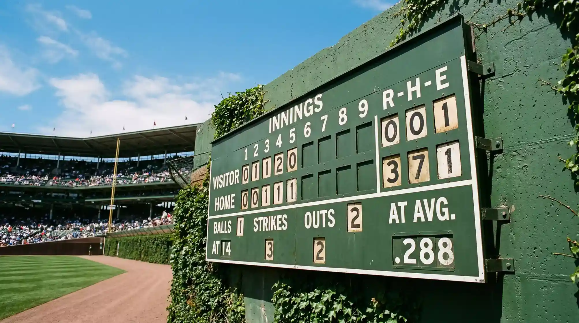 Tablero de puntuación de un partido de béisbol profesional con números visibles en un estadio de MLB