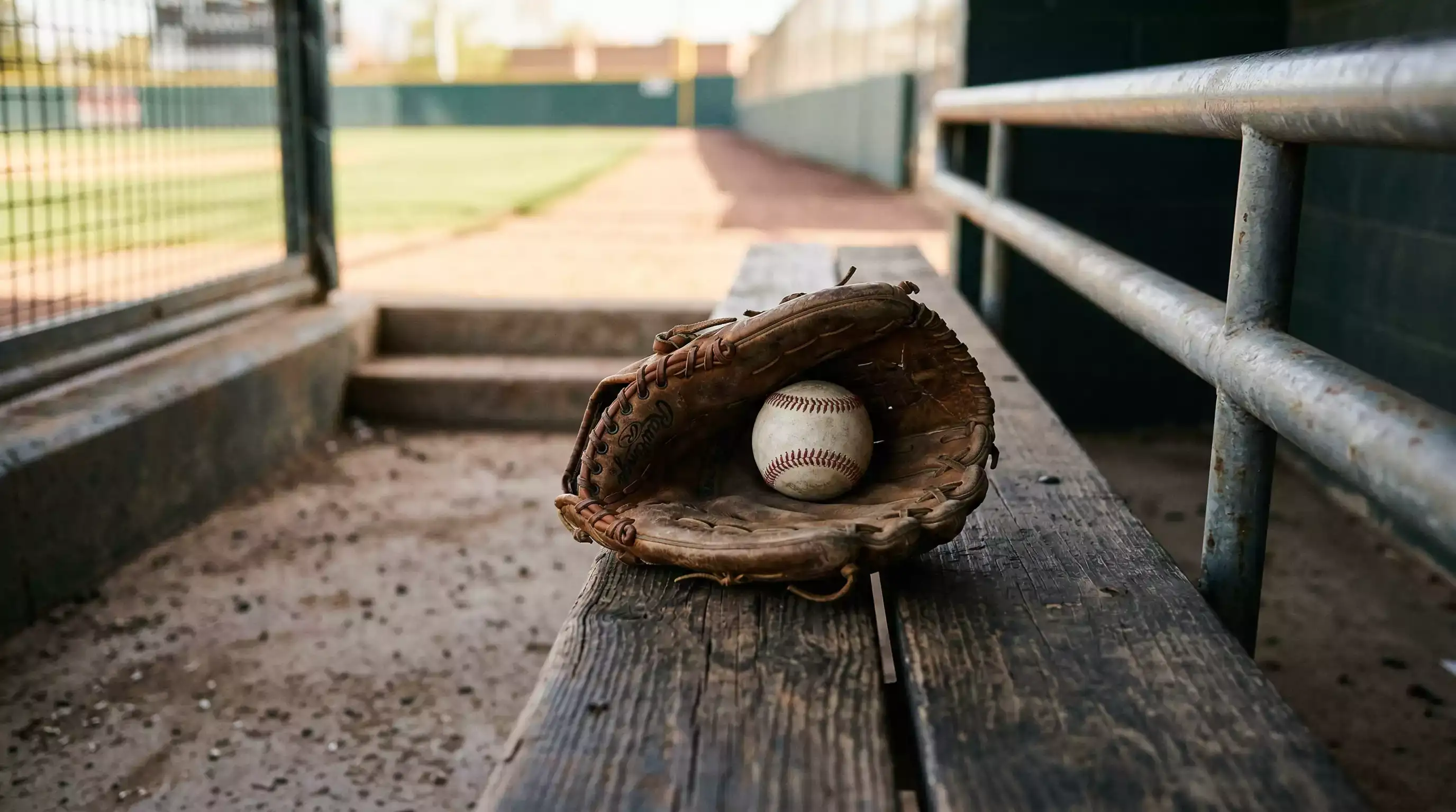 Guante de béisbol abierto con una pelota en su interior apoyado sobre el banco de un dugout