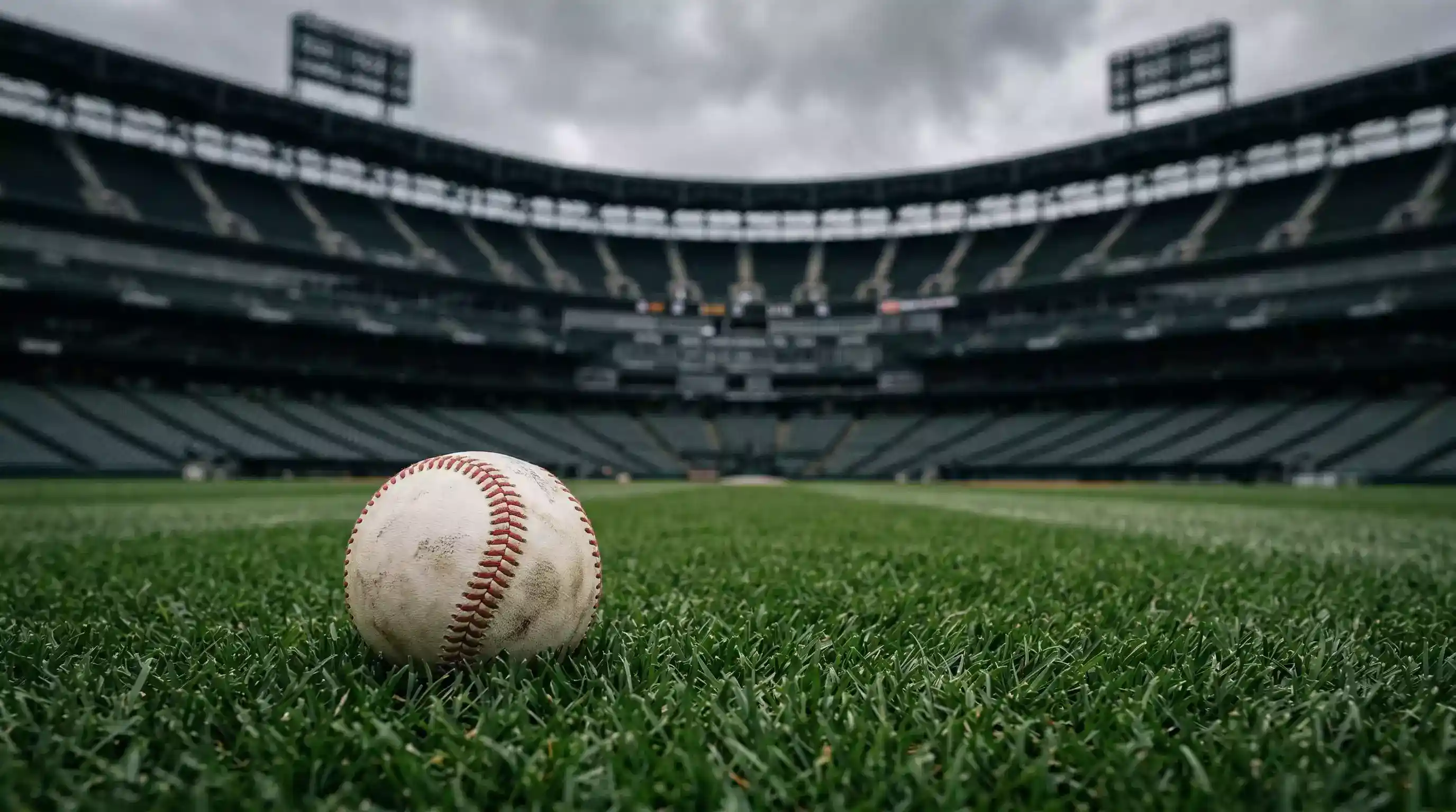 Pelota de béisbol sobre el césped de un campo profesional con el estadio vacío al fondo