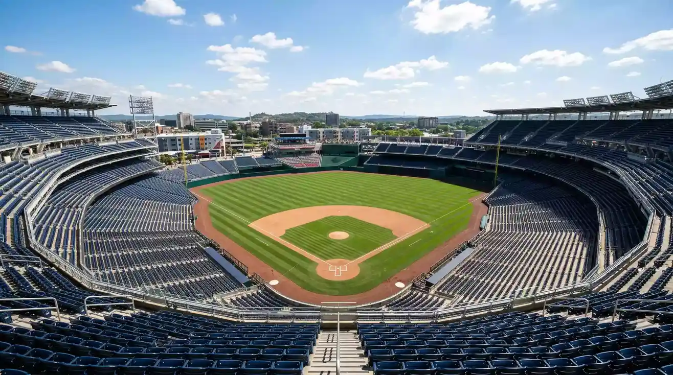 Campo de béisbol visto desde las gradas superiores con el diamante y las líneas del terreno de juego