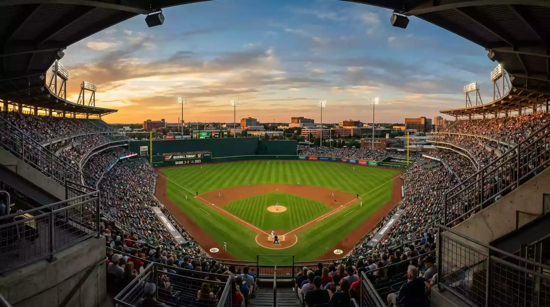 Vista panorámica de un estadio de béisbol profesional con el campo verde y las gradas al atardecer