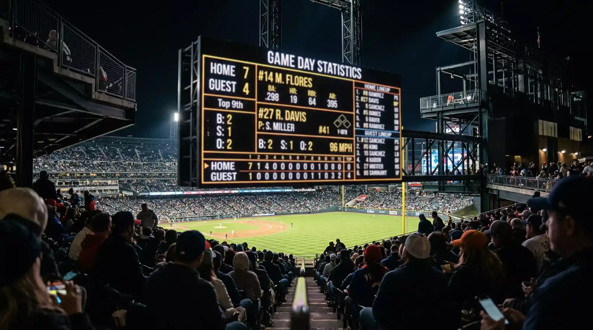 Pantalla de marcador de un estadio de béisbol mostrando las alineaciones y estadísticas del partido