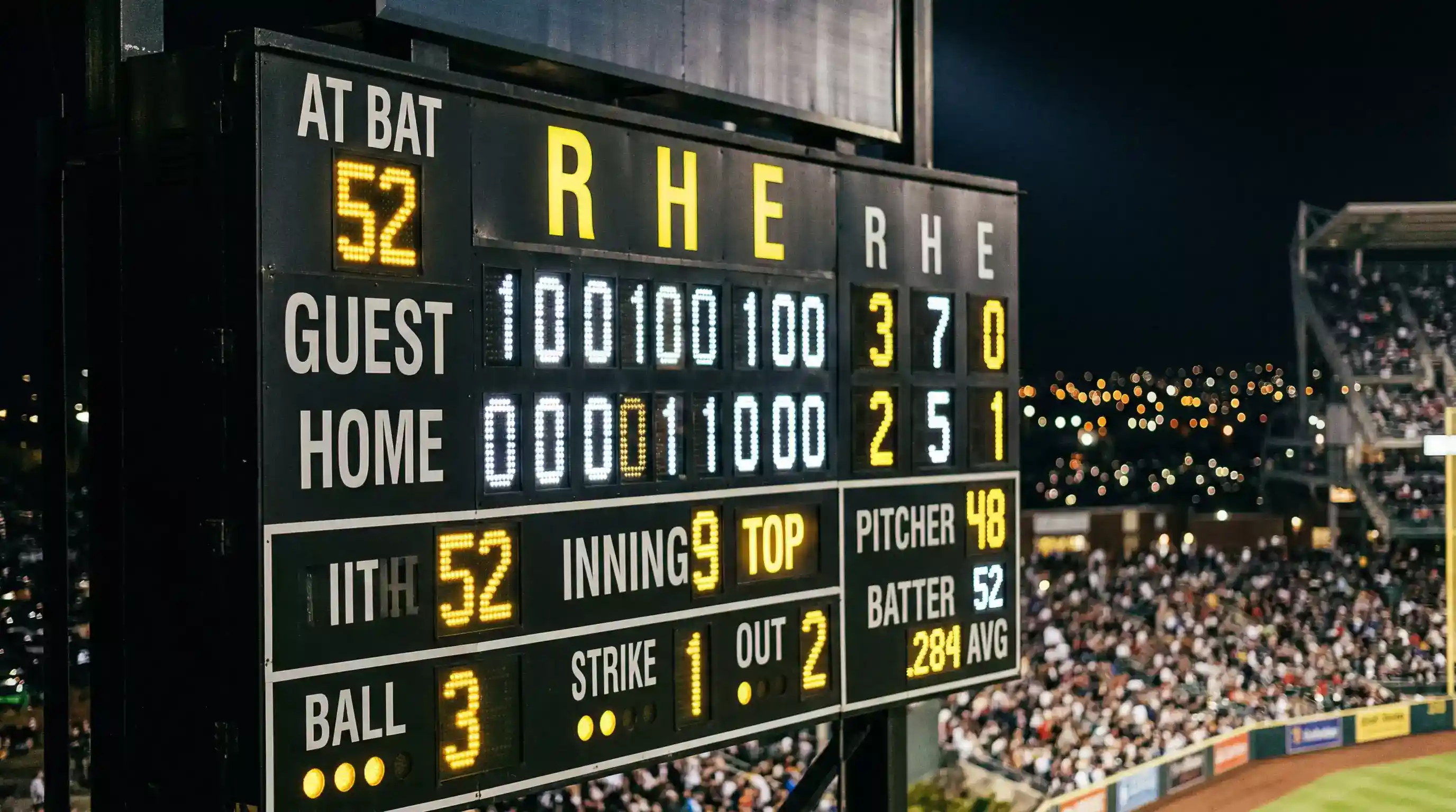 Primer plano de un marcador electrónico de estadio de béisbol mostrando el tanteo de un partido