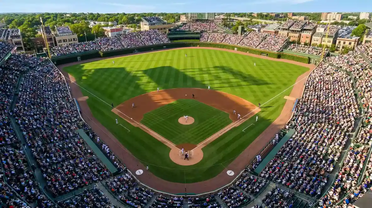 Vista aérea de un campo de béisbol profesional durante un partido con público en las gradas