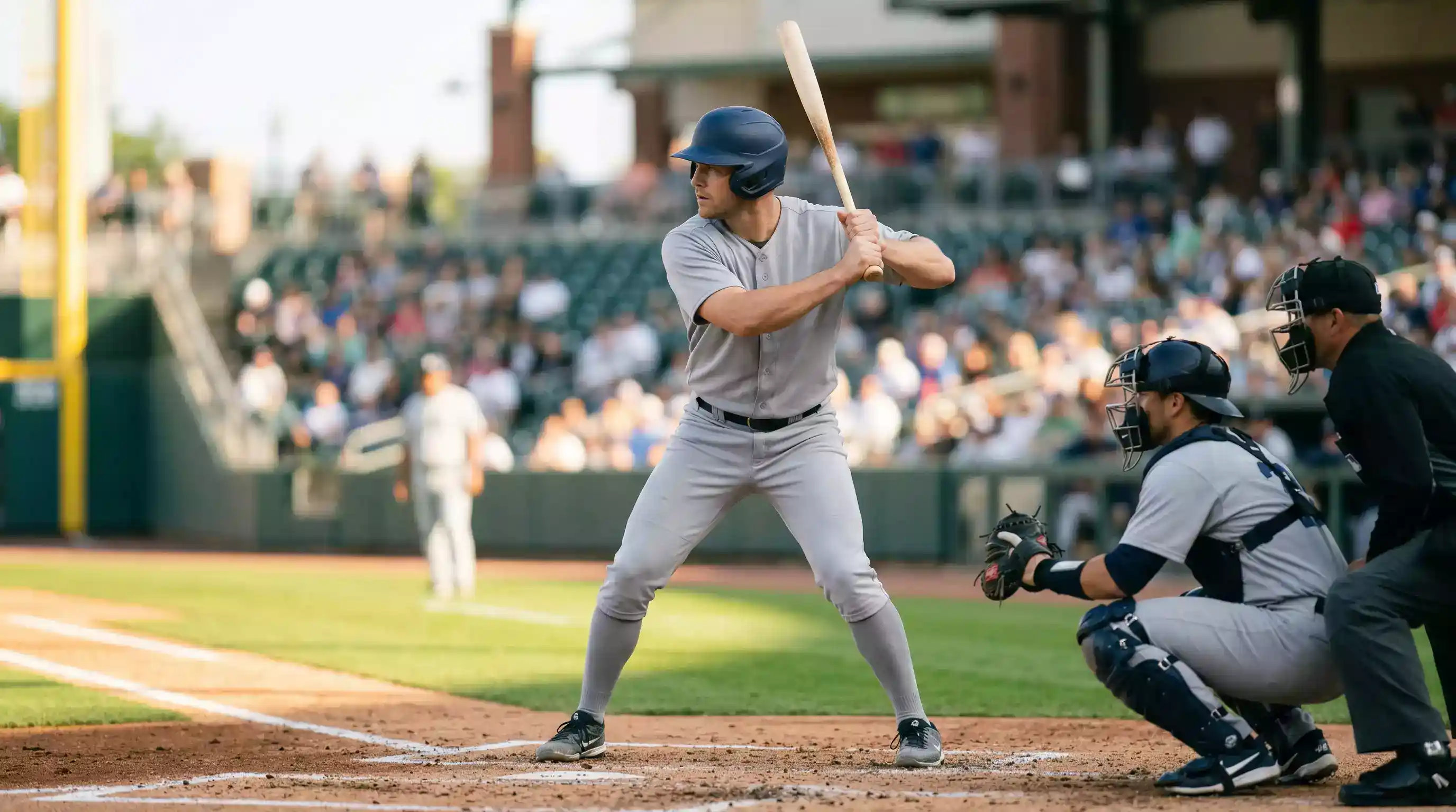 Bateador de béisbol en posición de golpeo esperando el lanzamiento en un partido profesional