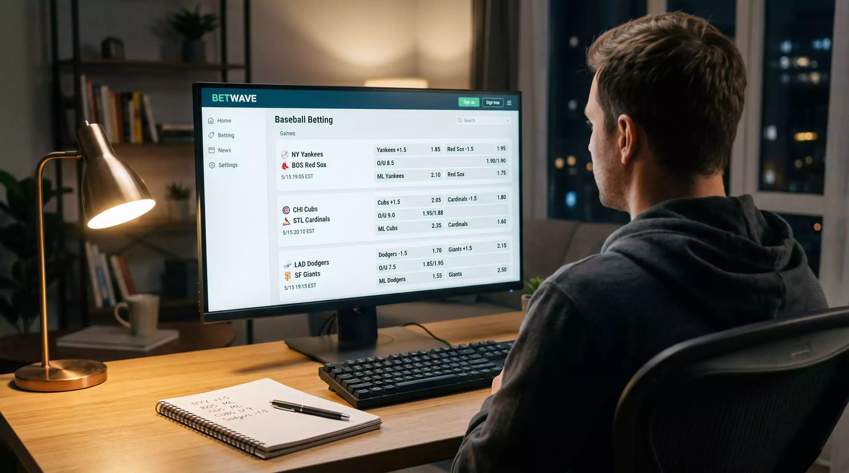 Pantalla de cuotas de apuestas MLB mostrando mercados MoneyLine y Run Line en un partido de béisbol